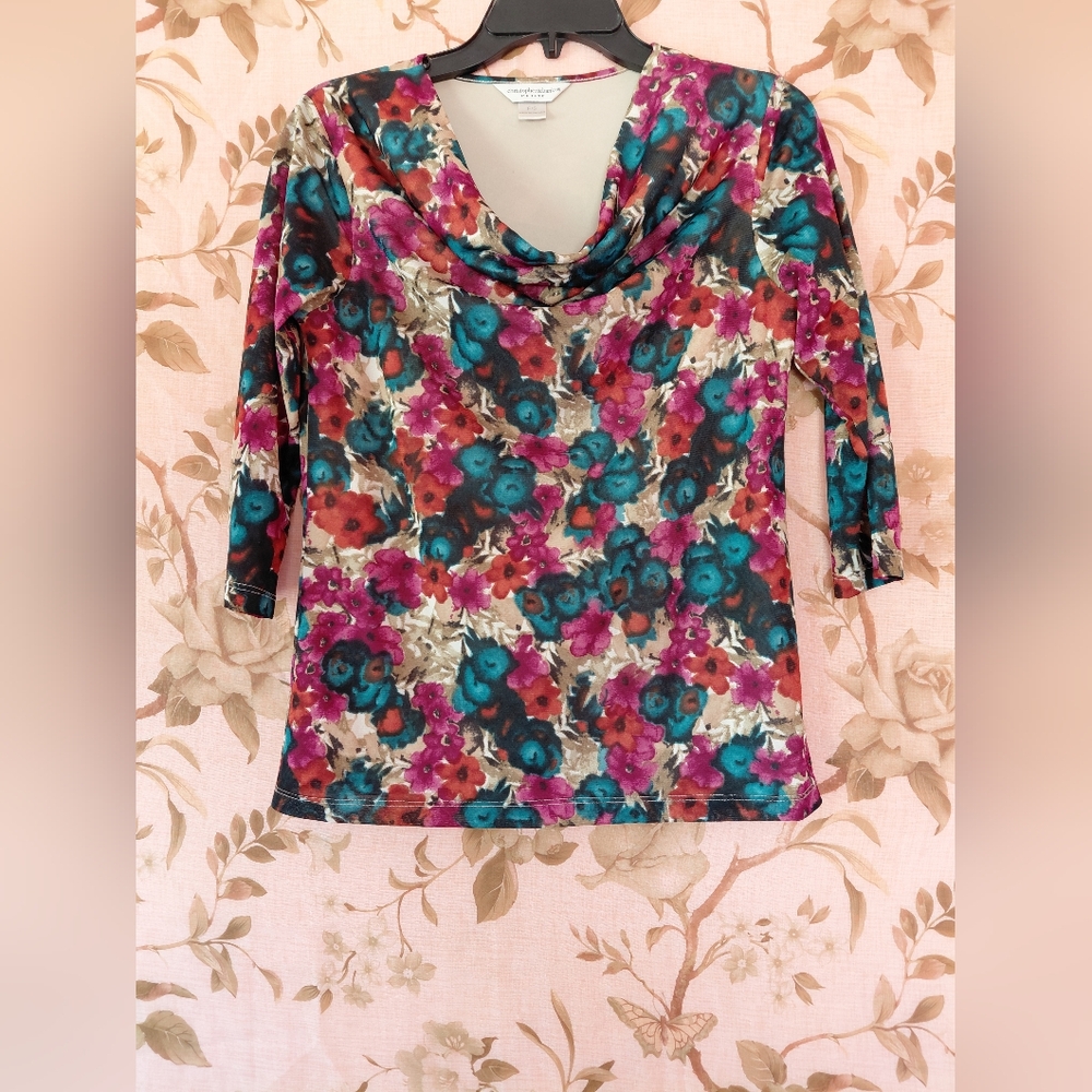 Christopher & Banks Sz S Petite Floral Mesh Layerede Cowl Neck 3/4 sleeves Blous